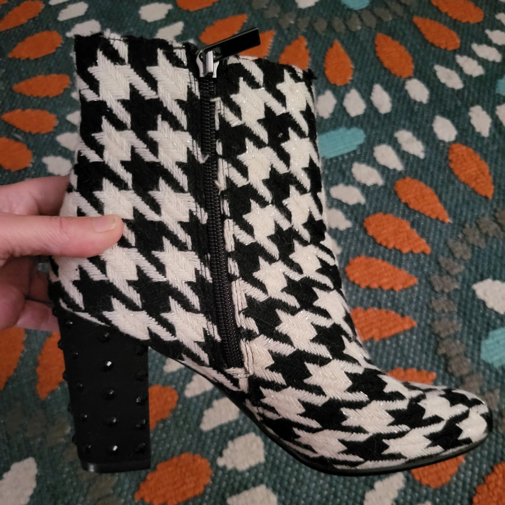 Black and White Silver Embroided Houndstooth Ankle Boots With Rinestone Heel